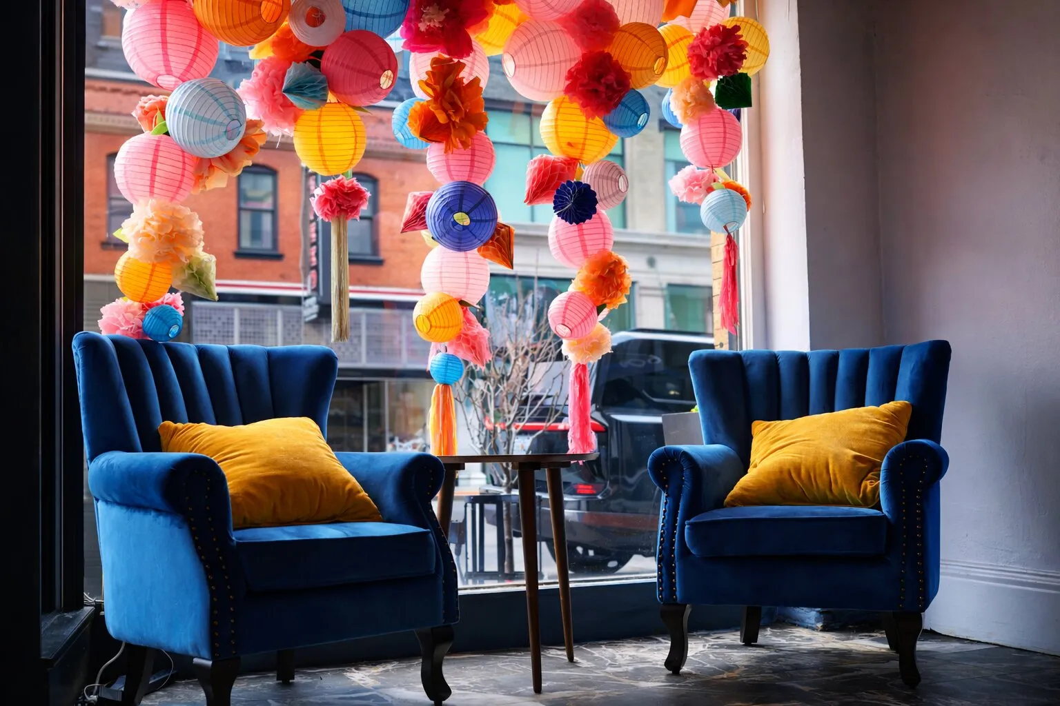 Cozy lounge with vibrant window decor